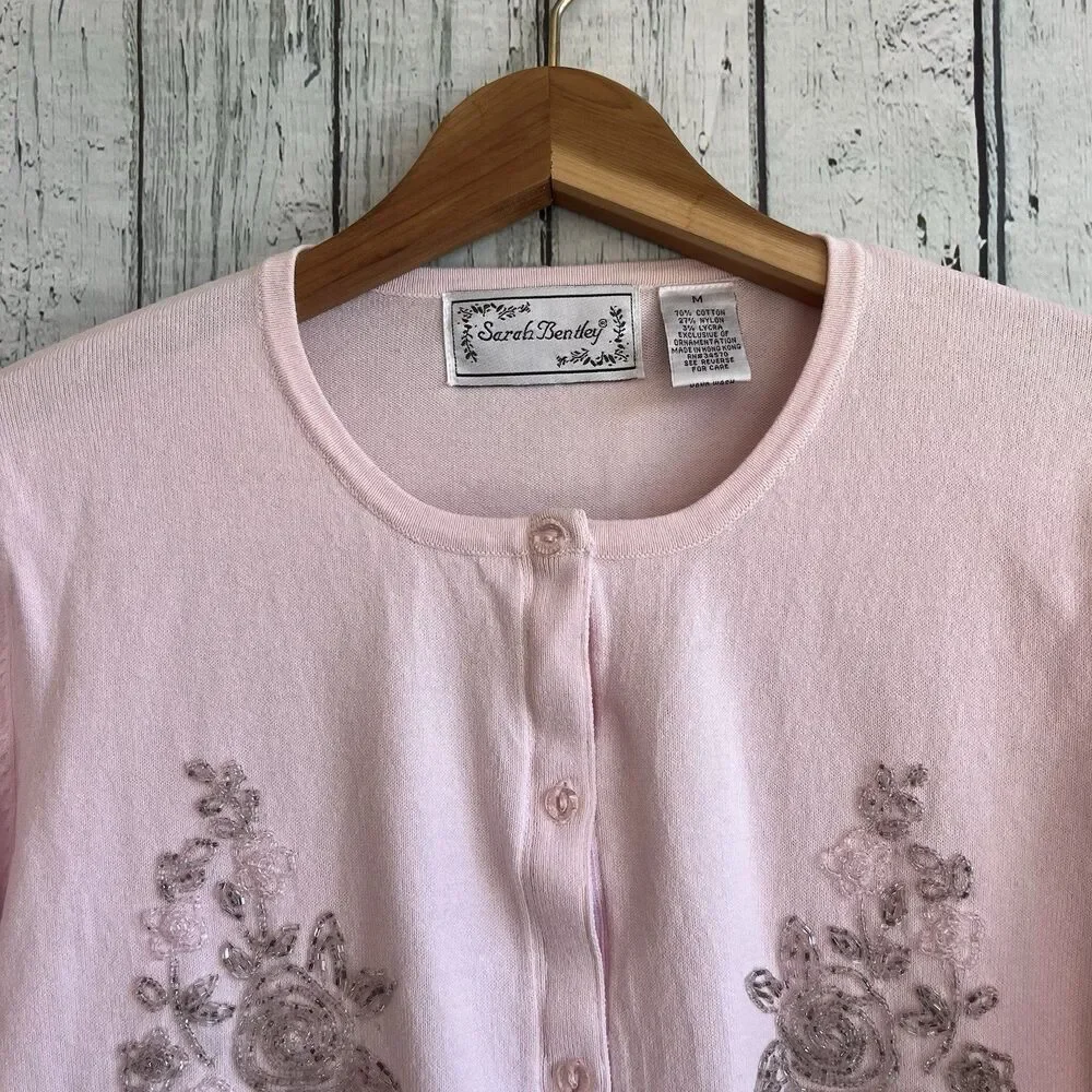 Vintage Sarah Bentley Womens Beaded Cardigan Size M Dainty Pink Grandmacore